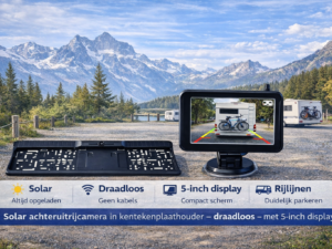 Alternative Ansicht der kabellosen Solar-Rückfahrkamera im Kennzeichenhalter – mit 5-Zoll-Display